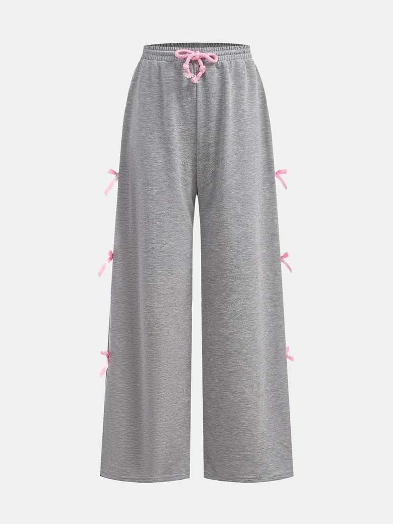 OYOANGLE Girl's Elastic Drawstring Waist Bow Sweatpants Y2K Wide Leg Long Trousers - Image 2